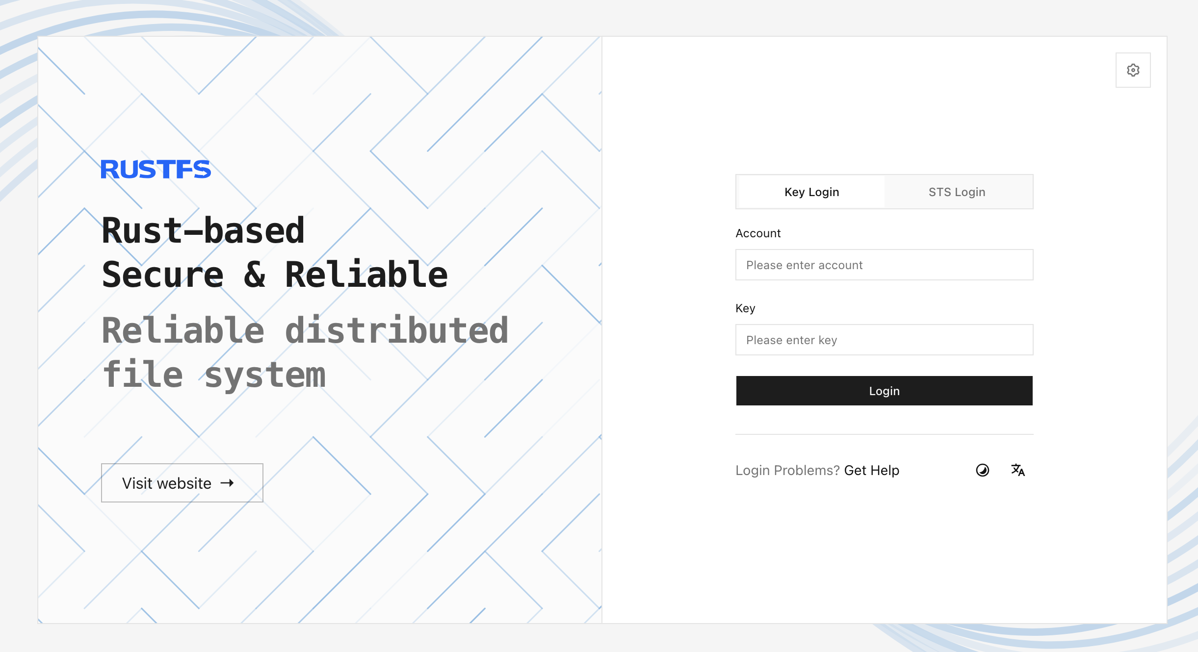RustFS Console login page with key, STS, and OIDC sign-in options