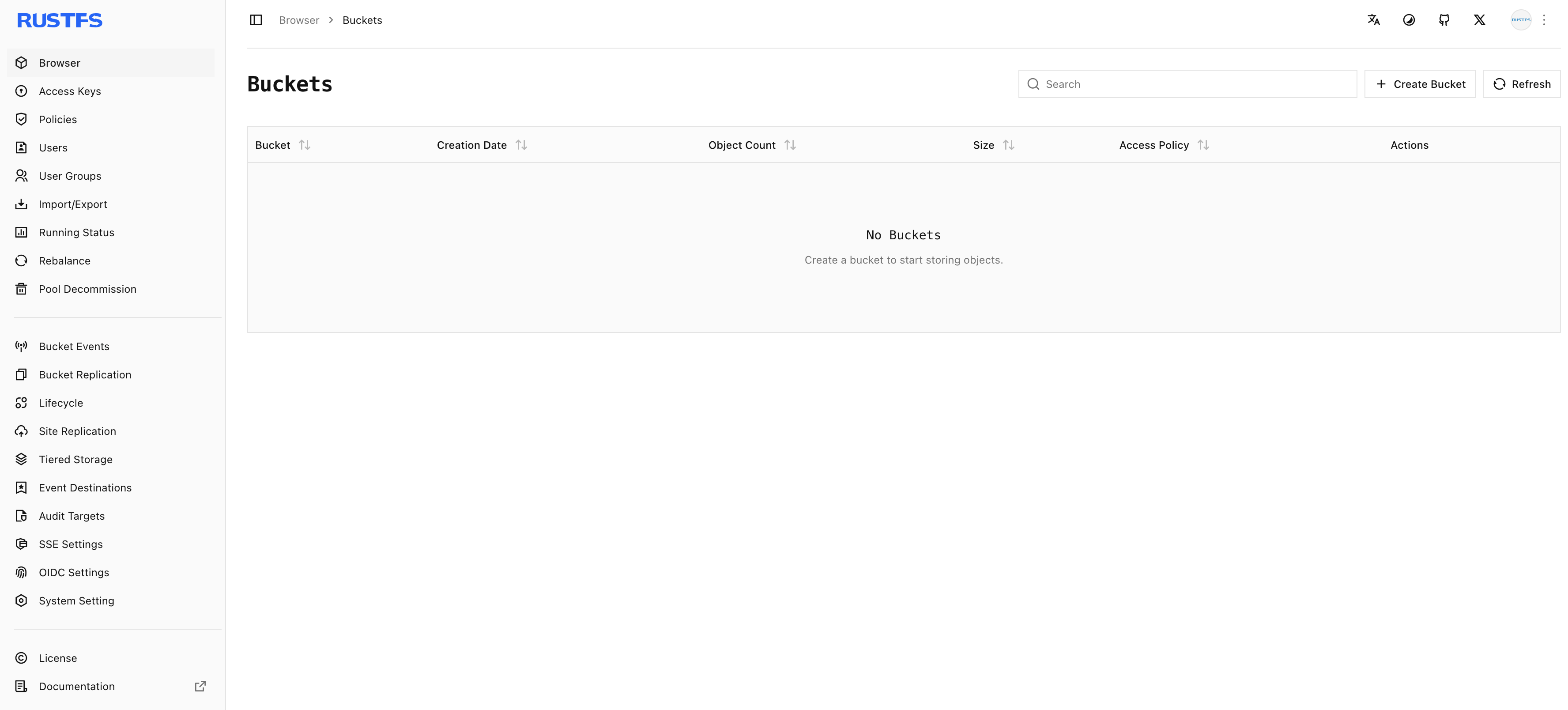 RustFS Console Buckets page after a successful sign-in